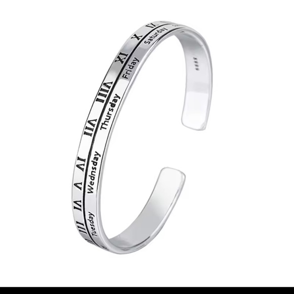 Sterling Silver Roman Numeral Bangle Cuff Bracelet - Picture 5 of 14